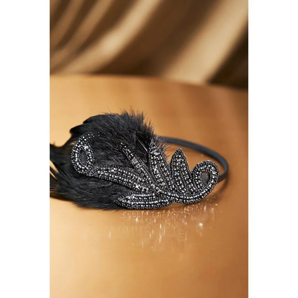 1920s Flapper Headband Feather Beads Rhinestones Gatsby Party Accessory